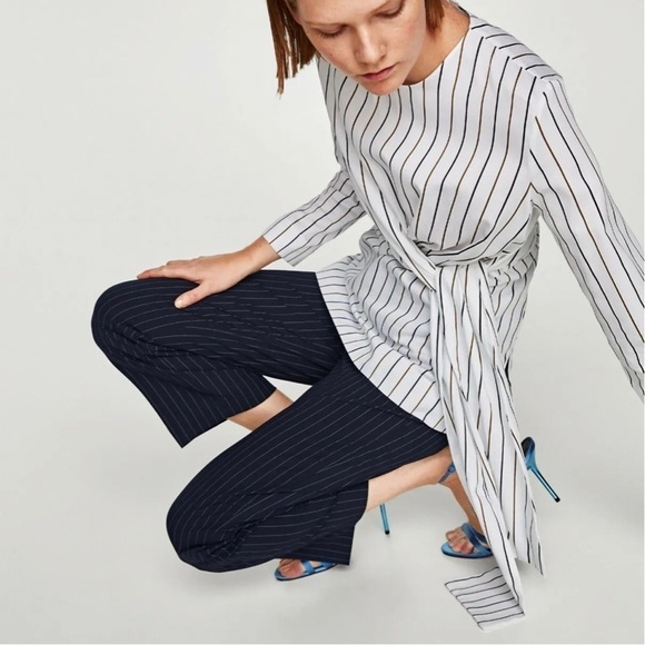 Zara Cotton Poplin Striped Bow Long Sleeve Tunic Top - Picture 14 of 15